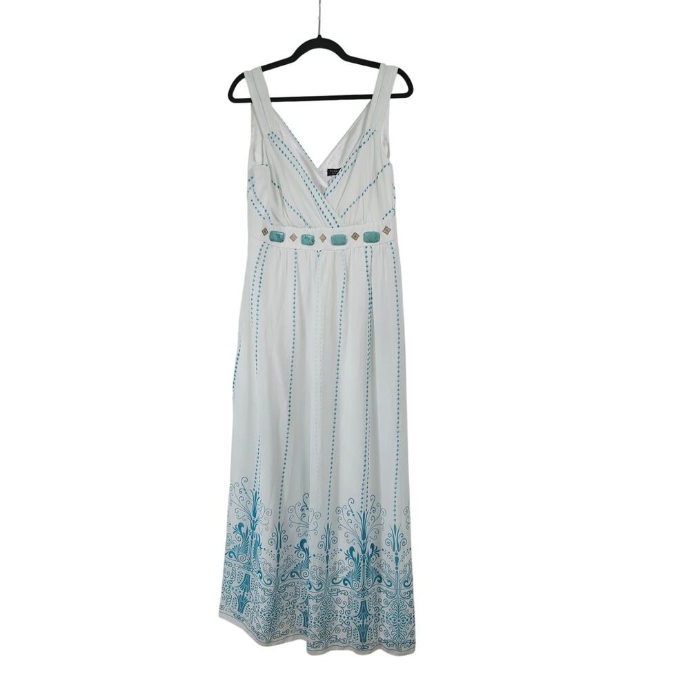 Signature by Robbie Bee Womens 14 White Blue Stone Embellished Boho Maxi Dress